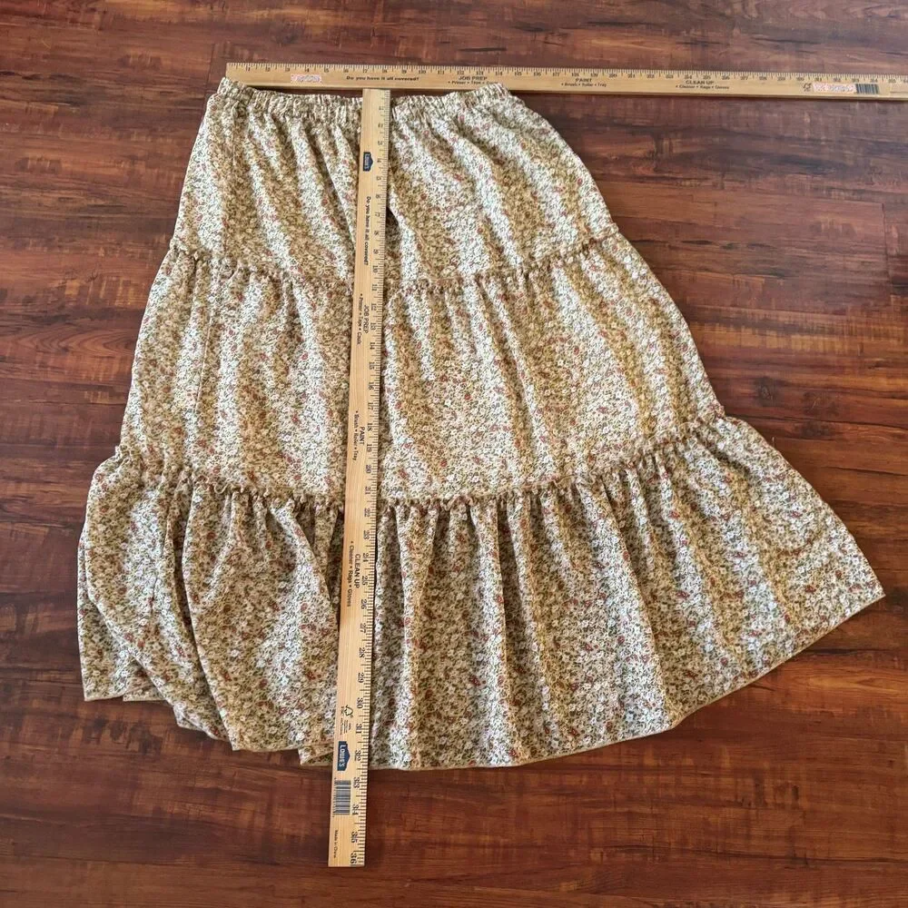 Tiered Womens Floral Skirt Large Cottagecore Fairy Lined Elastic Waist Brown